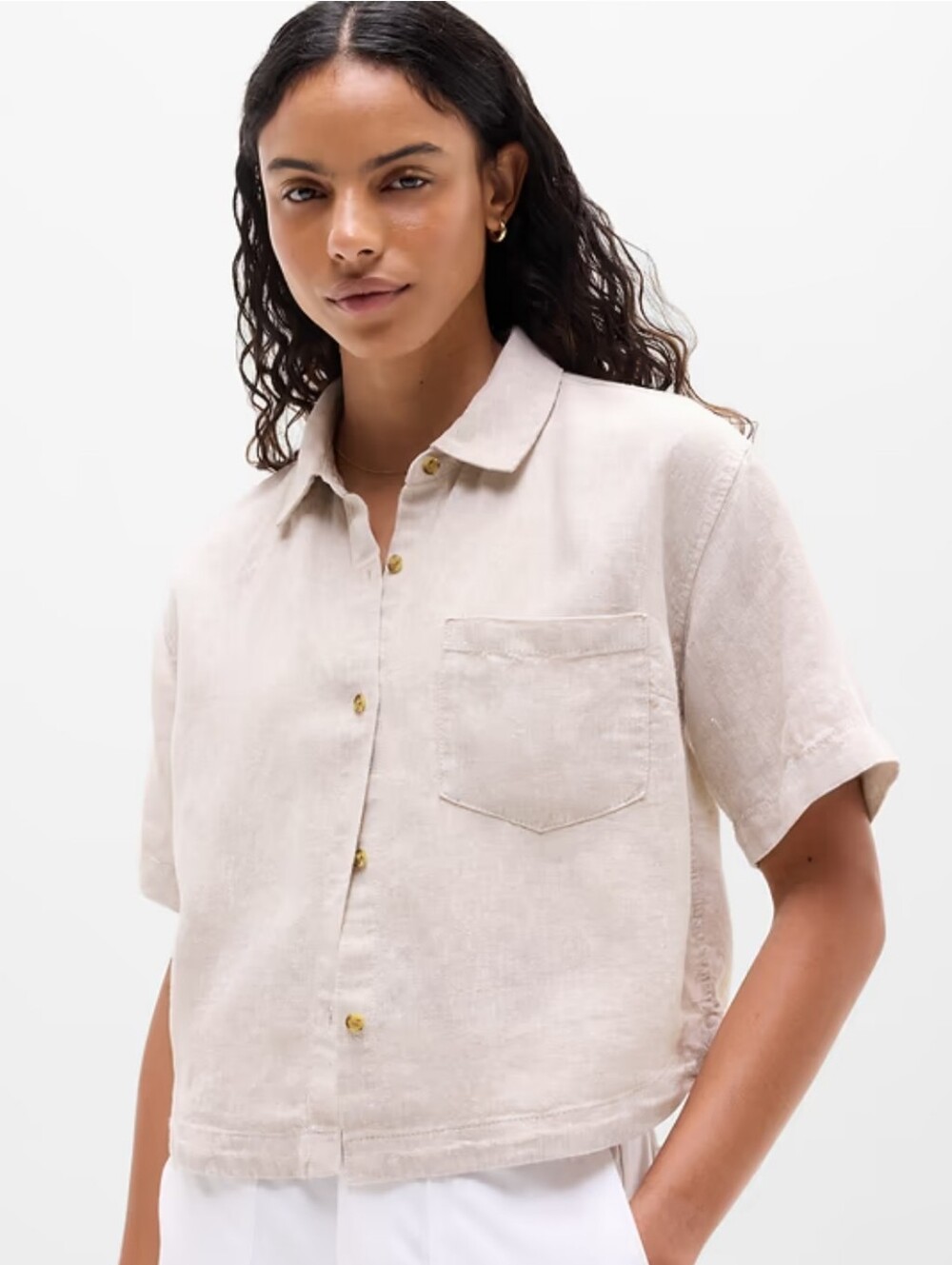 Athleta Retreat Linen Short Sleeve Shirt Relaxed Fit Cropped Undyed XS